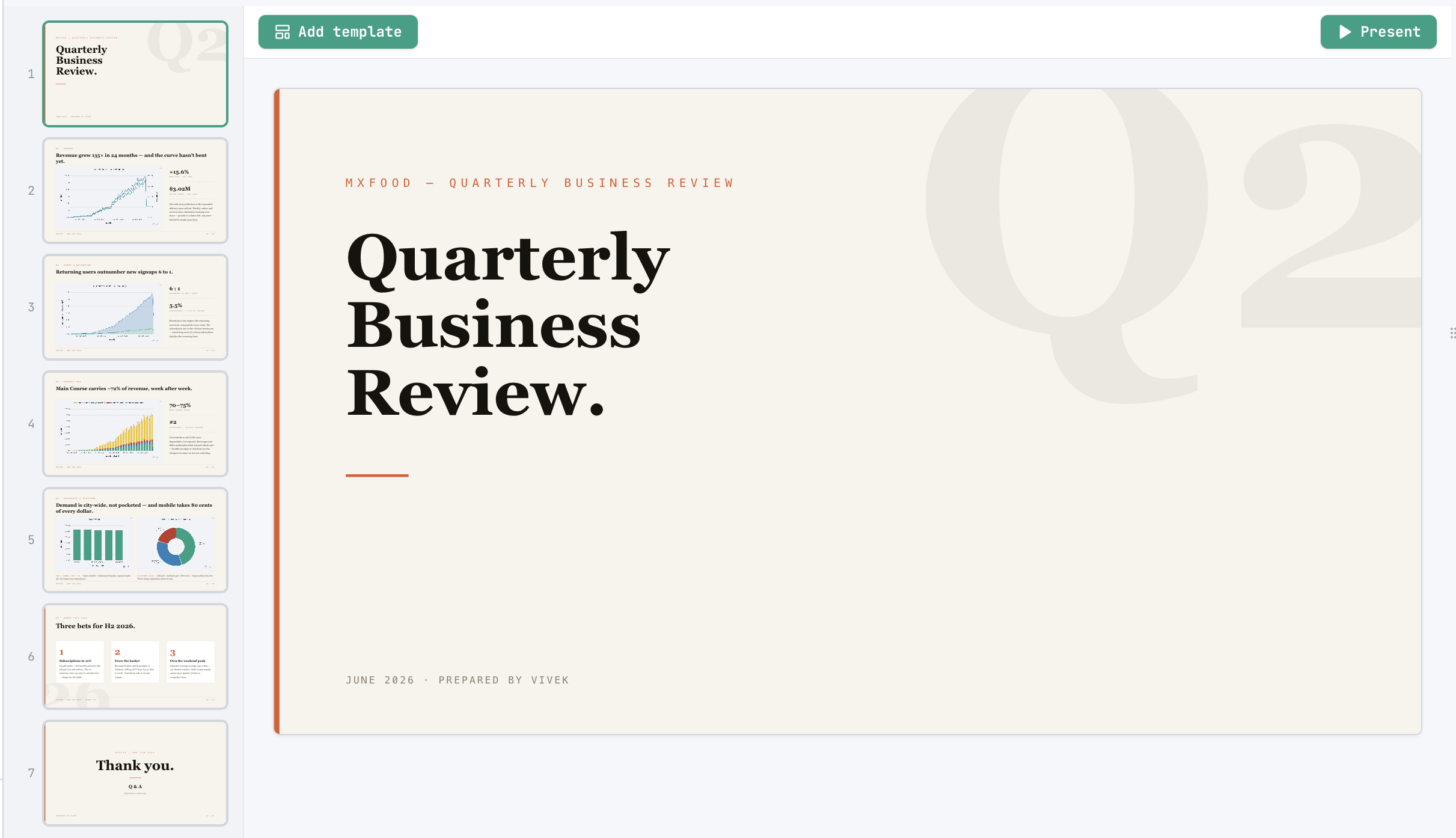 MinusX slides editor showing a Quarterly Business Review title slide